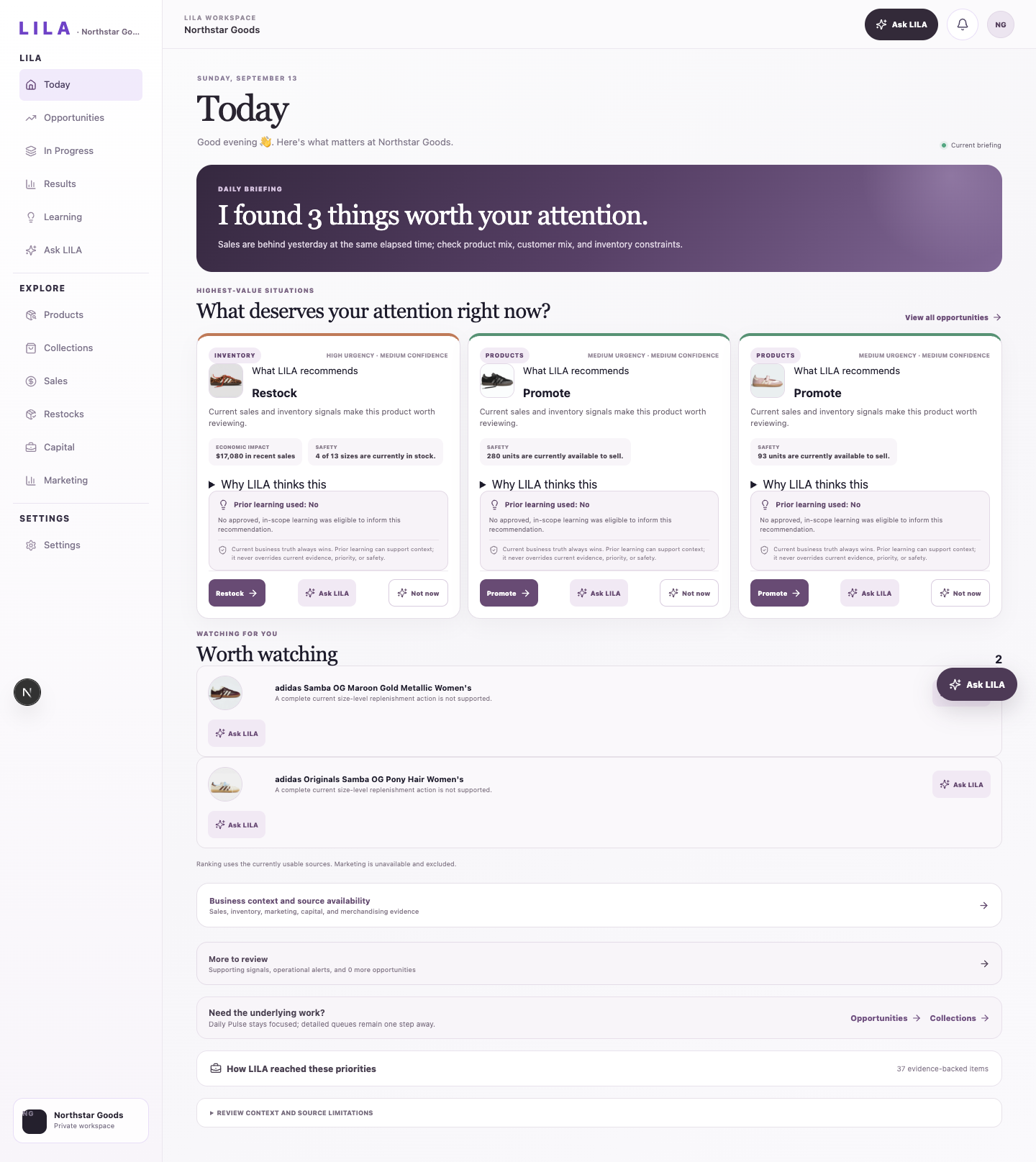 LILA Today view showing a daily briefing and prioritized ecommerce opportunities